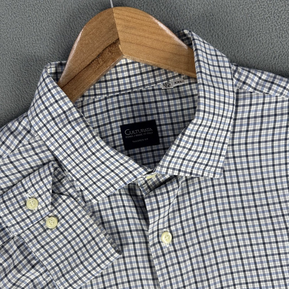 Culturata Shirt Mens 2XL 18.5 Blue White Check Quiet Luxury Made In Italy